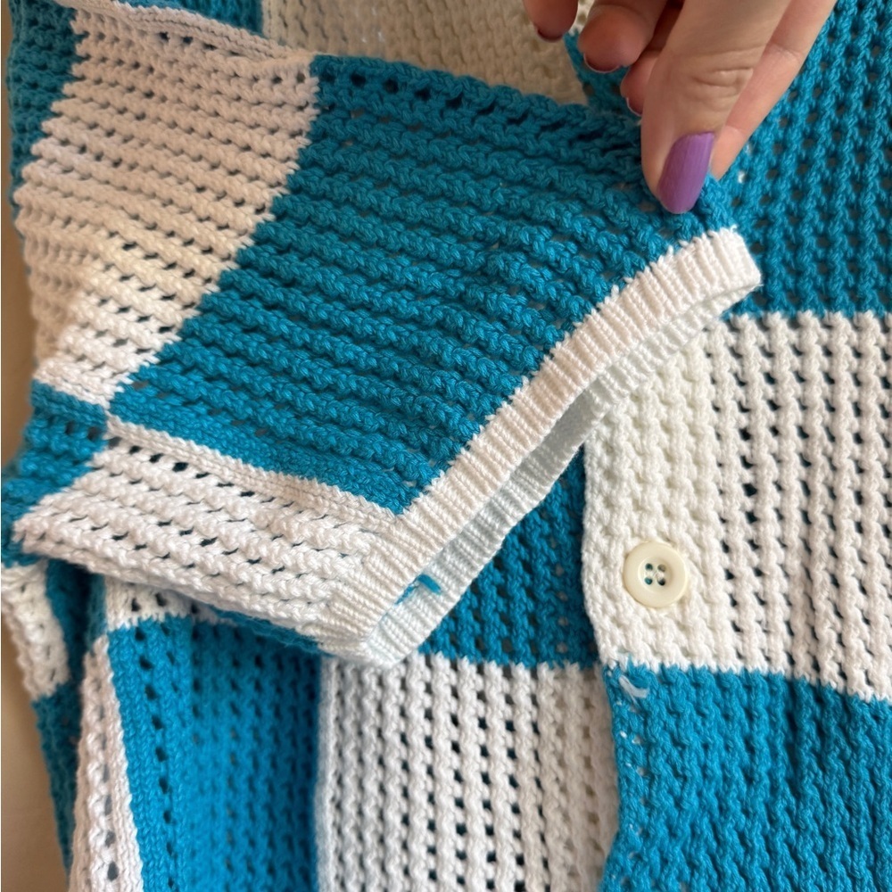 Milkwear Crochet Unisex Checkered Knot Polo Button Down Shirt Blue White XLarge - Picture 6 of 8